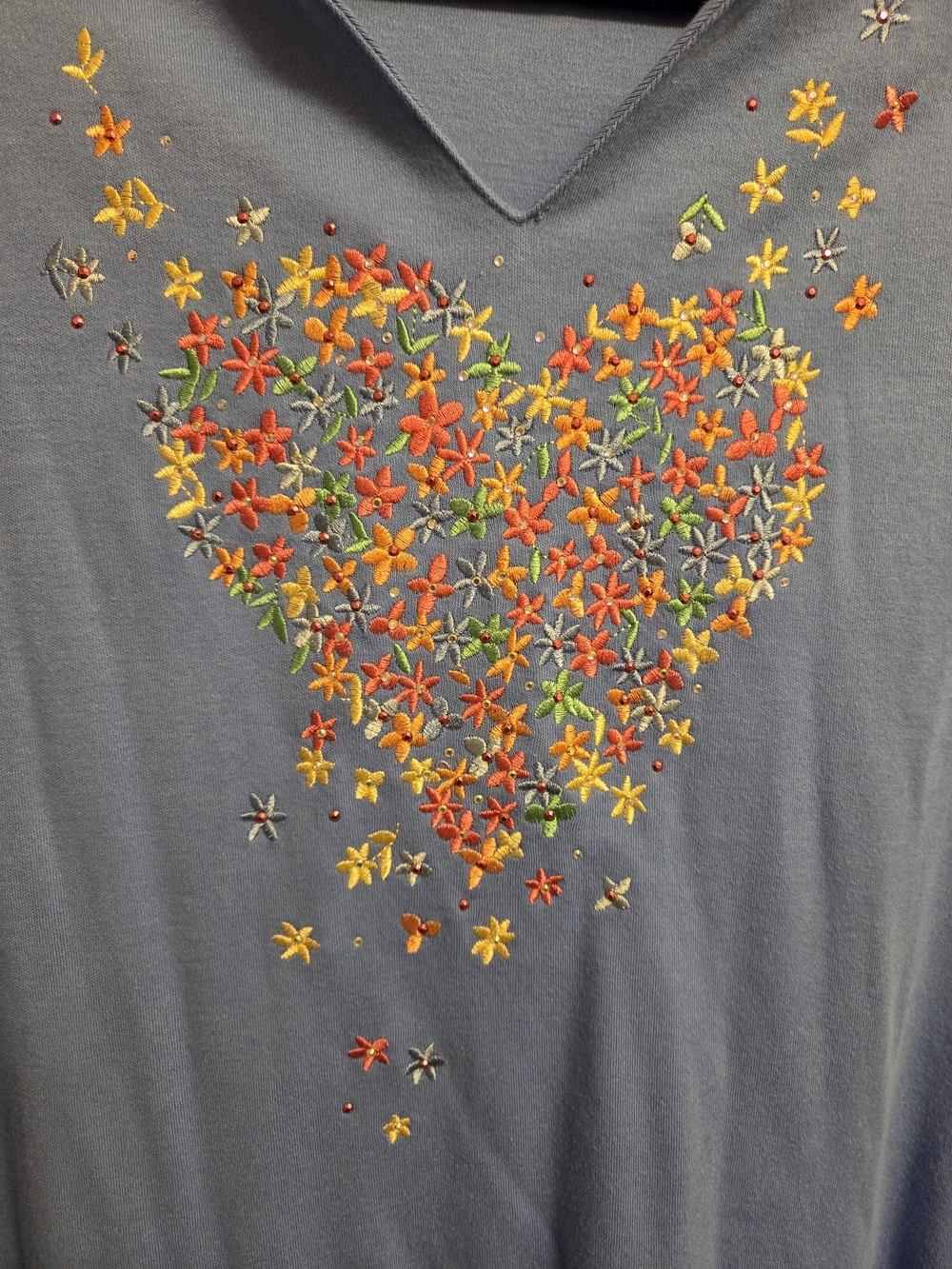 Quacker Factory Cottagecore Embroidered Floral Heart Top Blue XL Granny Chic - Picture 2 of 7
